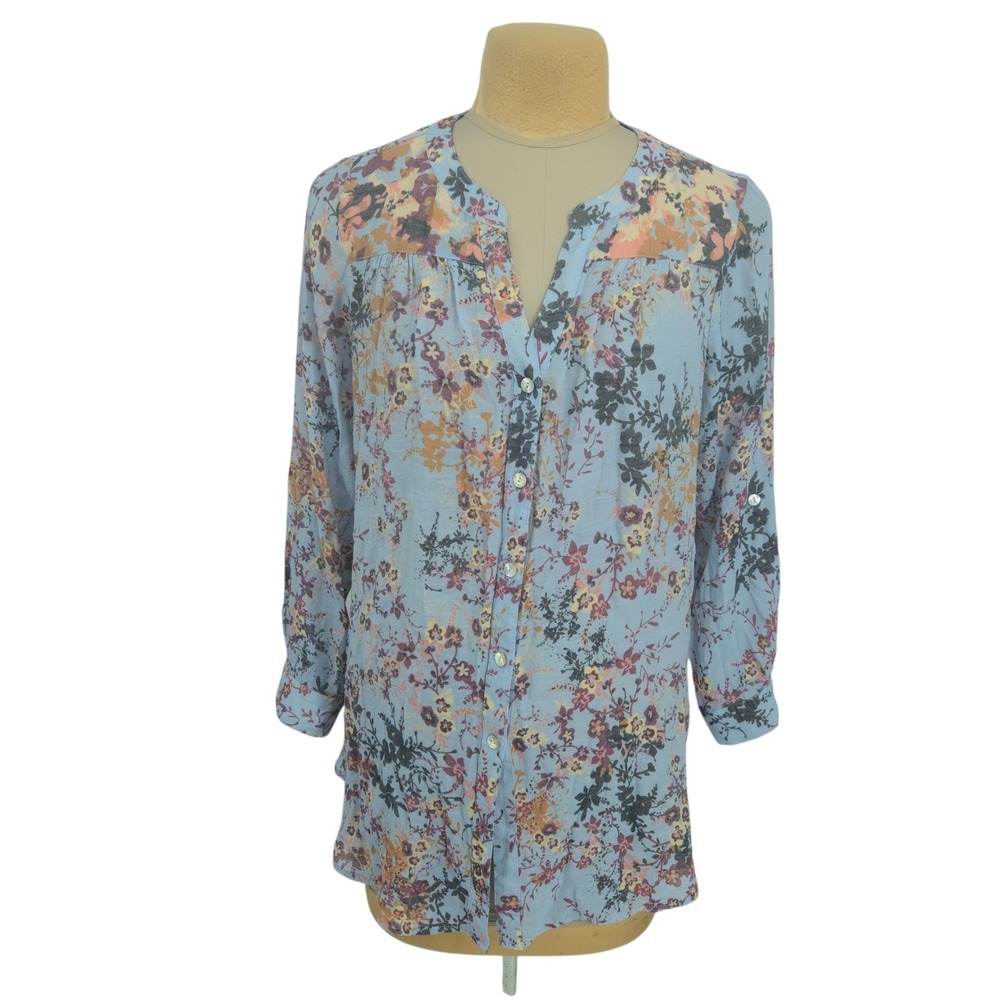 Fig and Flower Button Up Blouse Women 1X Blue Floral Long Sleeve Casual Top